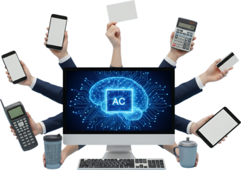 Computer displaying artificial intelligence brain graphic surrounded by hands holding smartphones calculator credit card old phone tablet cups and business card