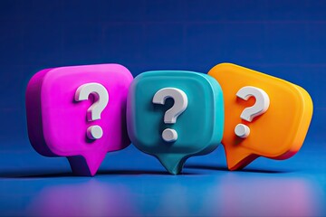 Three colorful speech bubbles, each with a large white question mark, against a gradient blue backdrop