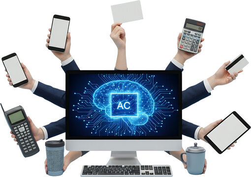 Computer displaying artificial intelligence brain graphic surrounded by hands holding smartphones calculator credit card old phone tablet cups and business card