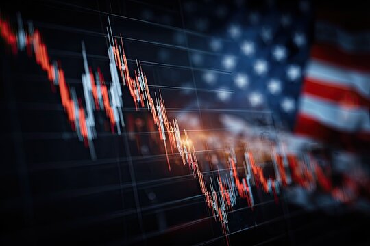 Stock market graph with red lines against a backdrop of the blurred American flag