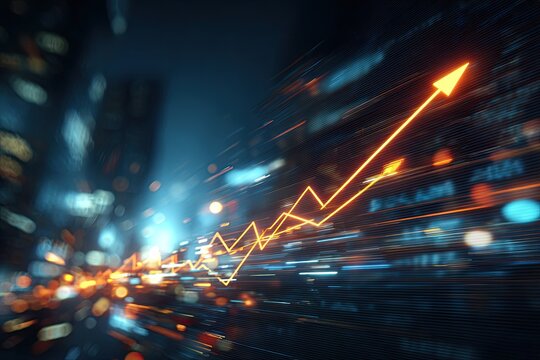 A blurred city scene with an illuminated orange upward-pointing graph, representing growth