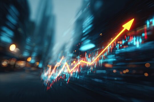 Dynamic image of an upward-pointing arrow overlaid on financial data charts in a city setting