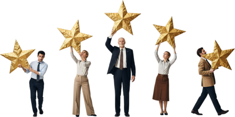 Five Diverse Professionals In Business Attire Holding Large Golden Star Decorations Some Lifting Them Upwards Against A Stark Transparent Background Collage