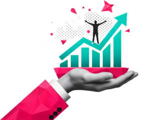 Businessman's hand holding a rising bar graph with an ascending arrow and a silhouetted figure achieving success collage art growth achievement finance