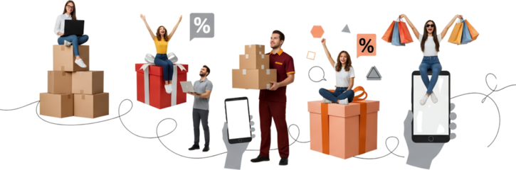 Diverse individuals engage in online shopping delivery and purchasing surrounded by boxes gift wrapped presents shopping bags and mobile devices displaying shopping symbols