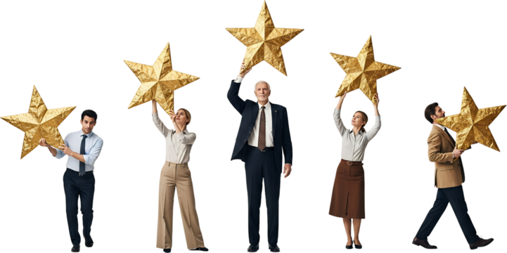 Five Diverse Professionals In Business Attire Holding Large Golden Star Decorations Some Lifting Them Upwards Against A Stark Transparent Background Collage