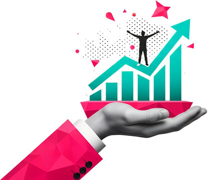 Businessman's hand holding a rising bar graph with an ascending arrow and a silhouetted figure achieving success collage art growth achievement finance - Powered by Adobe