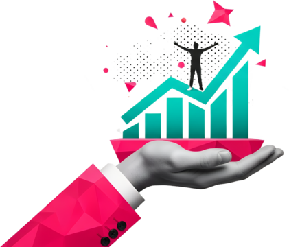 Businessman's hand holding a rising bar graph with an ascending arrow and a silhouetted figure achieving success collage art growth achievement finance