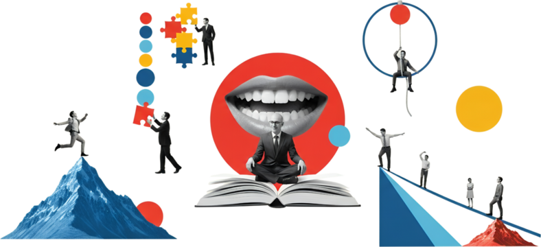 Businessmen collaborating with puzzle pieces a man meditating on a book and figures ascending and descending on abstract geometric shapes collage art collaboration