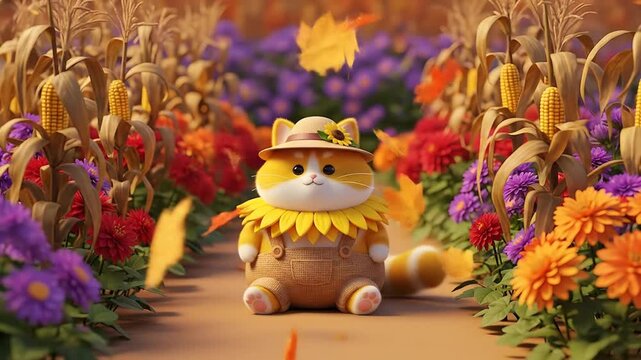 Autumn plush cat in sunflower garden.
