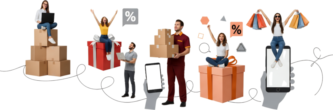 Diverse individuals engage in online shopping delivery and purchasing surrounded by boxes gift wrapped presents shopping bags and mobile devices displaying shopping symbols
