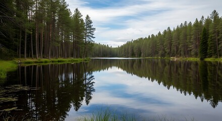 Obraz premium Mirror-like Lake Reflecting Lush Green Pine Forest and Cloudy Sky, Tranquil Wilderness Scene.