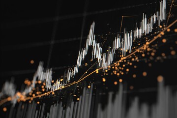 Abstract view of a financial data chart with fluctuating bars and a trendline against a dark background