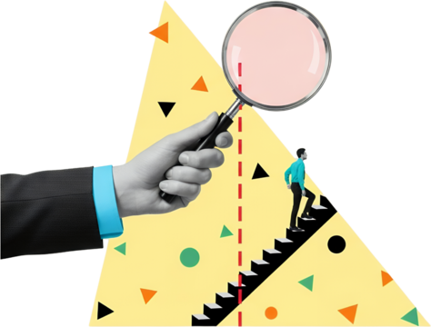 A hand in a suit holds a magnifying glass over a person climbing stairs surrounded by colorful abstract shapes collage art Man Businessman Geometric Ascent