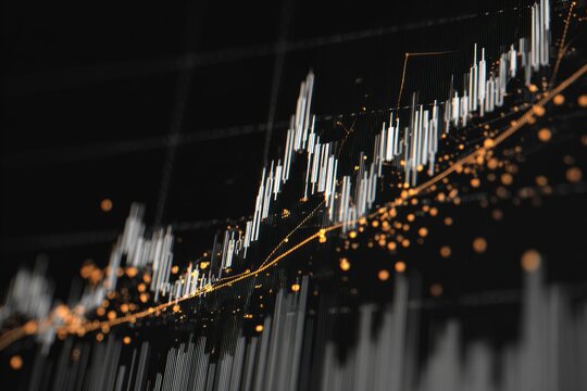 Abstract view of a financial data chart with fluctuating bars and a trendline against a dark background