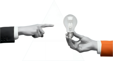A business hand in a suit points towards another hand holding a glowing incandescent light bulb representing an idea collage art innovation teamwork concept