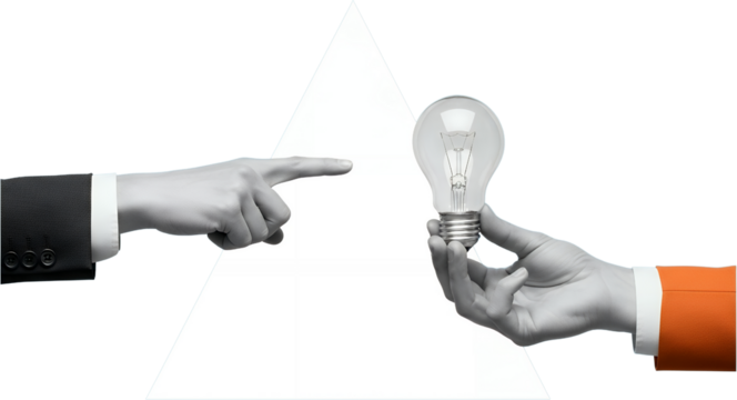 A business hand in a suit points towards another hand holding a glowing incandescent light bulb representing an idea collage art innovation teamwork concept