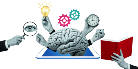 Human brain emerging from tablet surrounded by hands holding magnifying glass lightbulb gears clock camera and an open book collage art Mind Idea Innovation