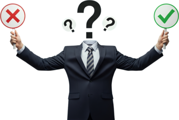 A headless businessman in a suit holds a red cross sign and a green checkmark sign surrounded by question marks collage art decision choice thinking confusion