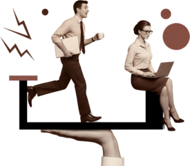 A man in business attire runs with a laptop and coffee while a woman in glasses uses a laptop seated on a platform collage art businessman running businesswoman