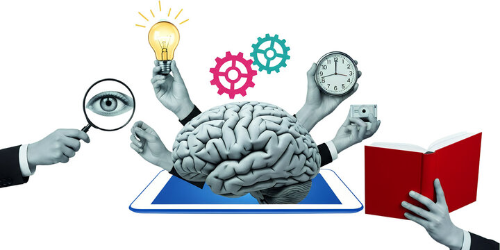 Human brain emerging from tablet surrounded by hands holding magnifying glass lightbulb gears clock camera and an open book collage art Mind Idea Innovation