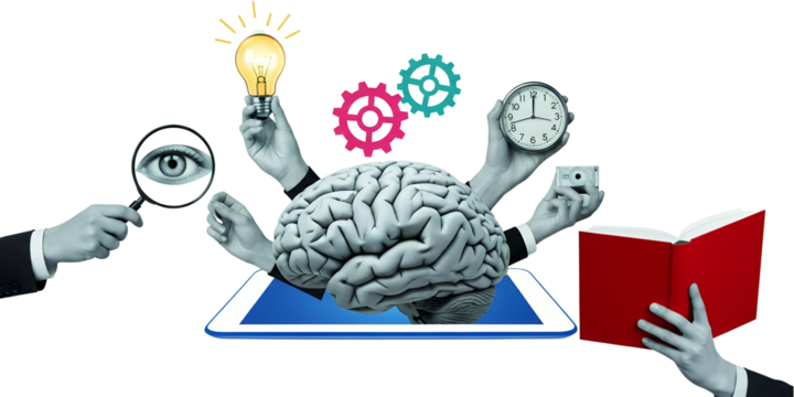 Human brain emerging from tablet surrounded by hands holding magnifying glass lightbulb gears clock camera and an open book collage art Mind Idea Innovation