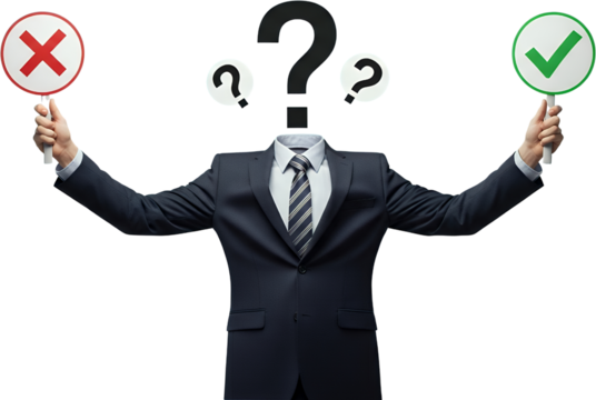 A headless businessman in a suit holds a red cross sign and a green checkmark sign surrounded by question marks collage art decision choice thinking confusion