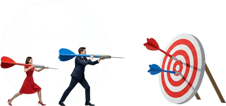 A man in a suit and a woman in a red dress aim darts at a bullseye target representing business objectives and strategic aiming collage strategy goal success