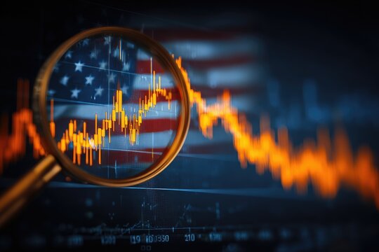 A magnifying glass focuses on a declining stock market chart with the American flag blurred in the background