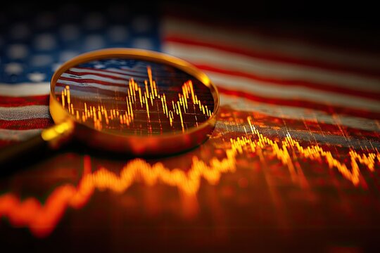 Magnifying glass revealing stock market data superimposed on an American flag background - Powered by Adobe