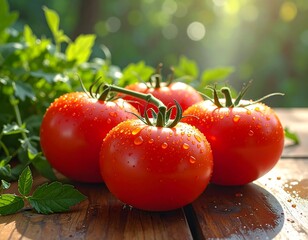 Four ripe red tomatoes with water droplets sit on a wooden surface