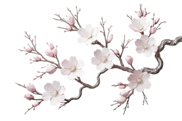 Elegant cherry blossom branch featuring delicate white flowers and soft pink buds isolated on a transparent background