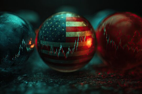 Spherical depictions of markets. U.S. flag graphic in central orb. Flanked by cyan and red orbs