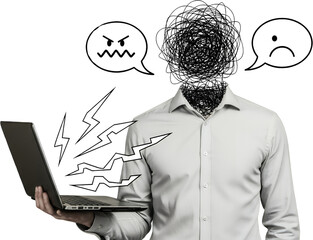 A person in a white shirt holds a laptop with a scribbled face lightning bolts and cartoon speech bubbles indicating anger and sadness collage stress frustration