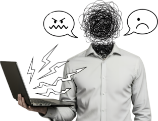 A person in a white shirt holds a laptop with a scribbled face lightning bolts and cartoon speech bubbles indicating anger and sadness collage stress frustration