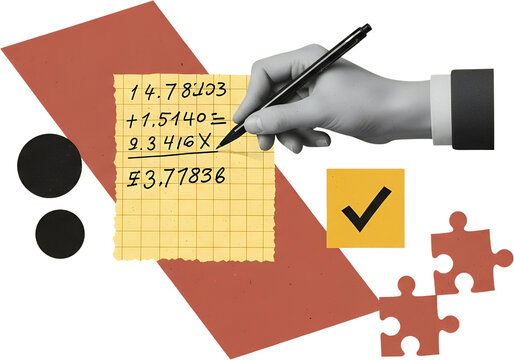 Hand with pen calculating numbers on yellow graph paper checkmark and puzzle pieces against abstract red background shapes collage art calculation math
