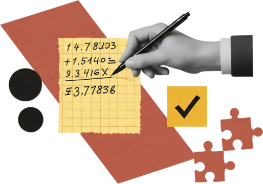 Hand with pen calculating numbers on yellow graph paper checkmark and puzzle pieces against abstract red background shapes collage art calculation math
