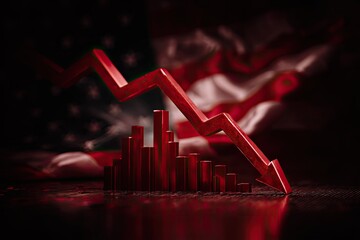 A red arrow plunges downwards over a bar graph, with an American flag blurred in the background