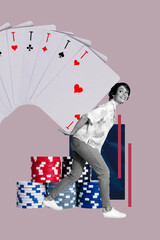 3D collage trend artwork composite poster of young woman walk hand hold card combination ice gamble slot play poker player fortune random