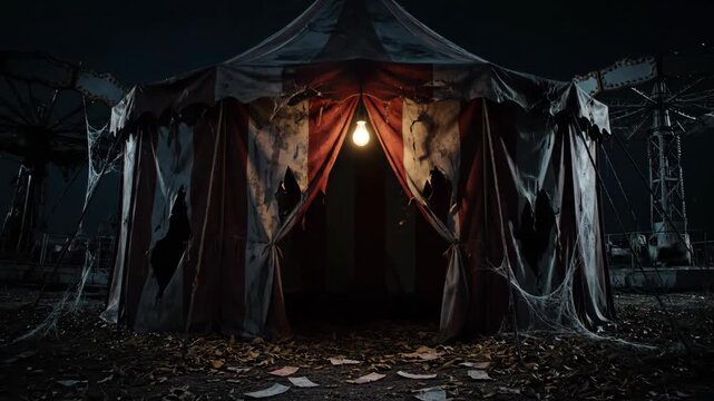 Abandoned Carnival Tent at Night with Eerie Atmosphere and Light