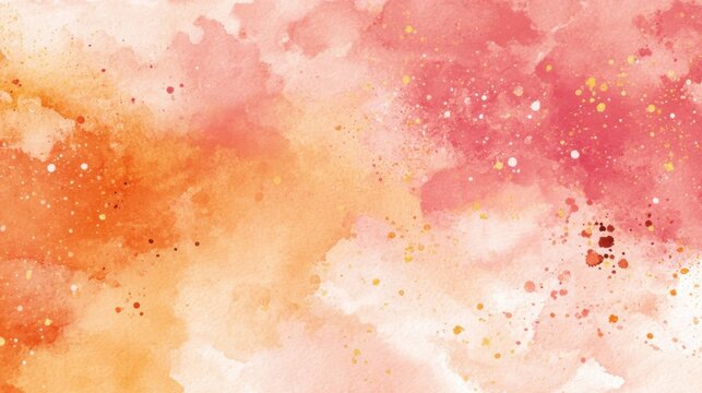 A vibrant abstract watercolor background features a soft blend of warm orange and pink washes with delicate splatters of white yellow and red paint - Powered by Adobe
