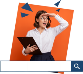 Young woman holding clipboard wearing glasses looking into the distance with hand shielding eyes against bright orange background with blue triangles collage