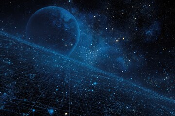 Fototapeta premium Digitized planet, network, and starry cosmos. A distant world is set against the grid