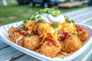 Delicious loaded tater tot nachos topped with cheese sour cream and chives at a casual outdoor gathering