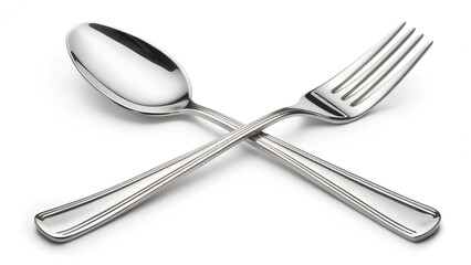 steel spoon and fork crossed top view white background