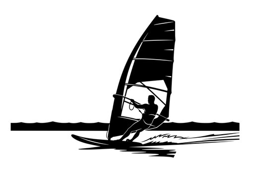 Dynamic vector silhouette of a person windsurfing on water during a sunny day ocean sport activity and recreation