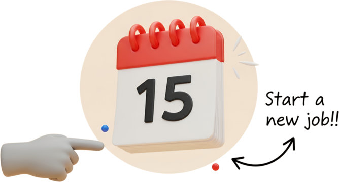3D render of a flip calendar showing day 15 with a hand pointing and text Start a new job collage career employment beginning appointment schedule date