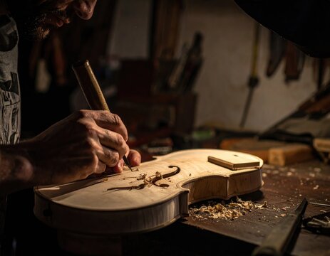 Crafting a Musical Legacy: A craftsman meticulously carves the delicate sound holes of a violin with expert precision in a dimly lit workshop, the air alive with the scent of wood.