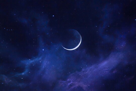 A crescent moon glows gently within a nebula against a dark blue night sky, scattered with stars