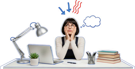 Young woman with hands on cheeks sits at a desk with laptop books plant and lamp looking thoughtful with animated thought bubble collage art Thinking Contemplation